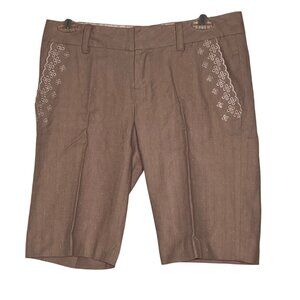 Miss Me Embroidered Size 28 Shorts Brown Linen Blend Bermuda